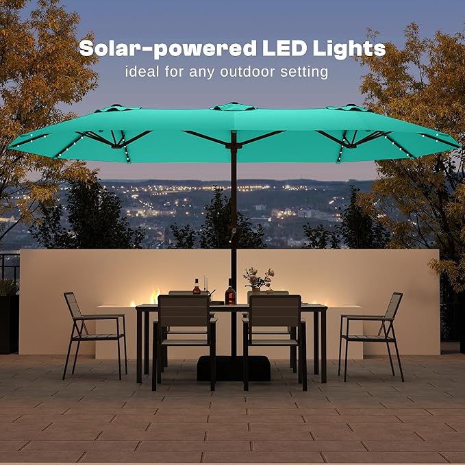 13FT Double-Sided Patio Umbrella with 48 Solar LED Lights, Large Rectangular Outdoor Market Umbrella with Crank Handle, Vented Canopy, Heavy-Duty 12 Rib Steel Frame, for Backyard, Garden, Pool, Turquoise Blue