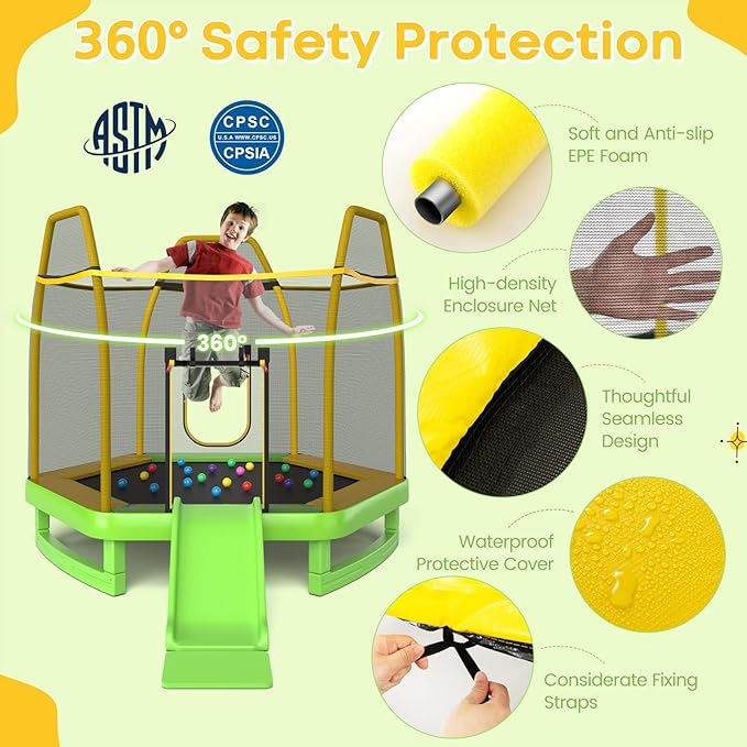 Goplus 7 FT Kids Trampoline with Slide, 87¡± ASTM Approved Toddler Trampoline with Galvanized Steel Frame & Safety Enclosure Net, Ladder, Indoor Outdoor Recreational Rebounder for Kids