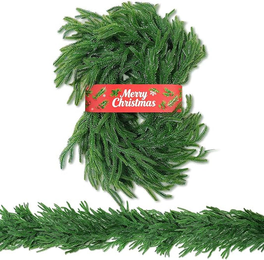 6FT Christmas Norfolk Pine Garland, Greenery Real Touch Decorations for Mantle Table Staircase Stair Railing Fireplace Mantel Porch Banister Holiday Home Winter Faux Xmas Indoor Outdoor Decor