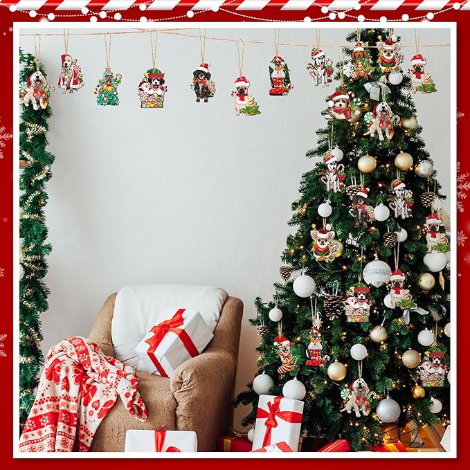 Qunclay 36 Pcs Dog Christmas Tree Ornaments Wooden Dog Christmas Tree Decorations Rustic Xmas Puppy Hanging Ornament Decorative Puppy Wood Pendants for Home Fireplace Holiday Xmas Party Decor