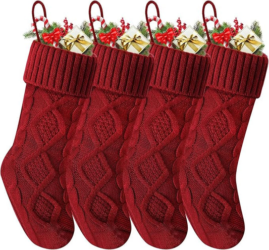 Christmas Stockings 18 Inches,Long Knitted Socks Christmas Decoration Hanging Stocking Fireplace Xmas Tree Stocking for Home Family（4 red）