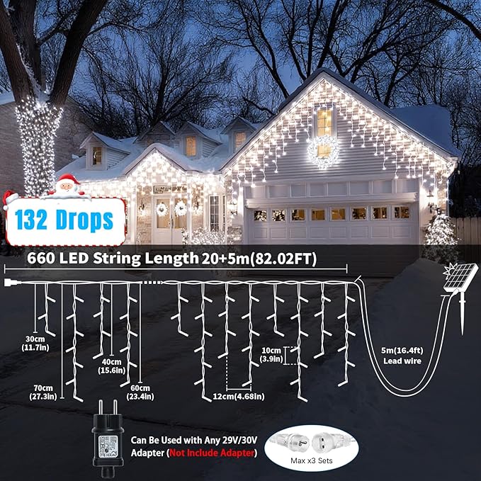 Solar Christmas Lights 66+16Ft 660LED Icicle Lights for Outside 2400mAH Connectable Rechargeable Dimmable Remote Twinkle Fairy String Lights for Xmas Yard Eaves House Roof Decorations