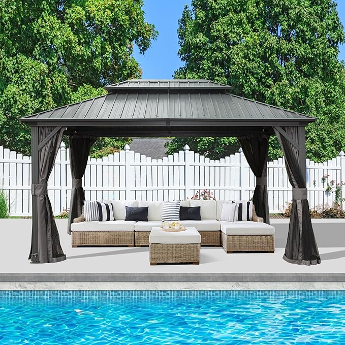 Domi 10x14FT Hardtop Gazebos, Aluminum Metal Gazebo with Galvanized Steel Double Roof Canopy, Curtain and Netting, Permanent Gazebo Pavilion for Patio, Backyard, Deck and Lawn, Grey