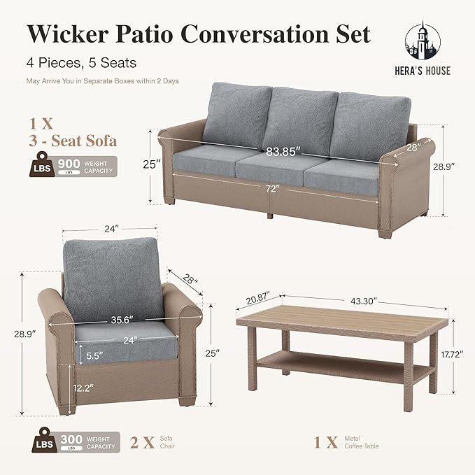 HERA'S HOUSE 4 Pieces Patio Furniture Set, All Weather 5 Seats Outdoor Wicker Sofa with 44" Coffee Table, 5.5" Thick Waterproof Cushion Conversation Couch Set for Garden Deck Backyard, Grey