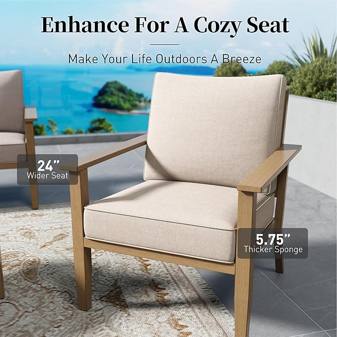 Patio Conversation Set,5 Pcs Metal Outdoor Furniture with 3-Seater Sofa,2 Single Chairs,Metal Nested Table and 5.75" Extra Thick Cushion for Lawn Garden Backyard,Beige