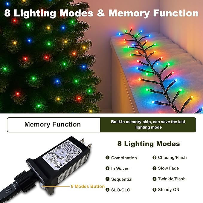 Christmas String Lights Outdoor & Indoor, 2Pack 600 LED Christmas Lights, 210ft Plug-in Twinkle Light Waterproof with 8 Modes for Christmas Tree Wedding Party Garden Patio Decorations(Multicolor)