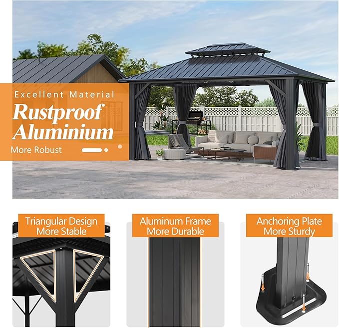 GARTOO 12'x14' Outdoor Hardtop Gazebo with Double Roof - Heavy-Duty Galvanized Steel Top Aluminum Frame Gazebo with Breathable Netting & Privacy Curtain for Patio, Porch, Garden, Lawn, Deck, Backyard
