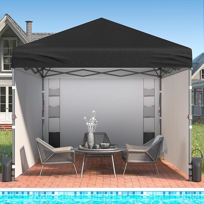 10X10 Comercial Pop Up Canopy Tent with 4 Sidewalls and 6 Pockets, One Push Setup Center Lock, for Beach Patio Outdoor, Case, 8 Stakes, 4 Ropes, 4 Sandbags (Pitch Black)