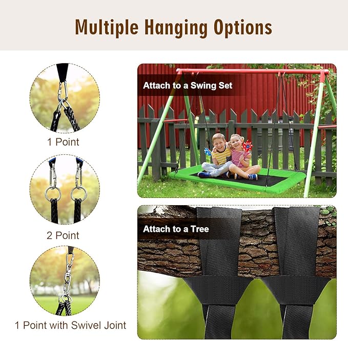 Costzon 700lb Giant 60'' Platform Tree Swing for Kids and Adults, Wear- Resistant Indoor/Outdoor Rectangle Swing with Durable Steel Frame and 2 Hanging Straps for Porch, Backyard (Green)