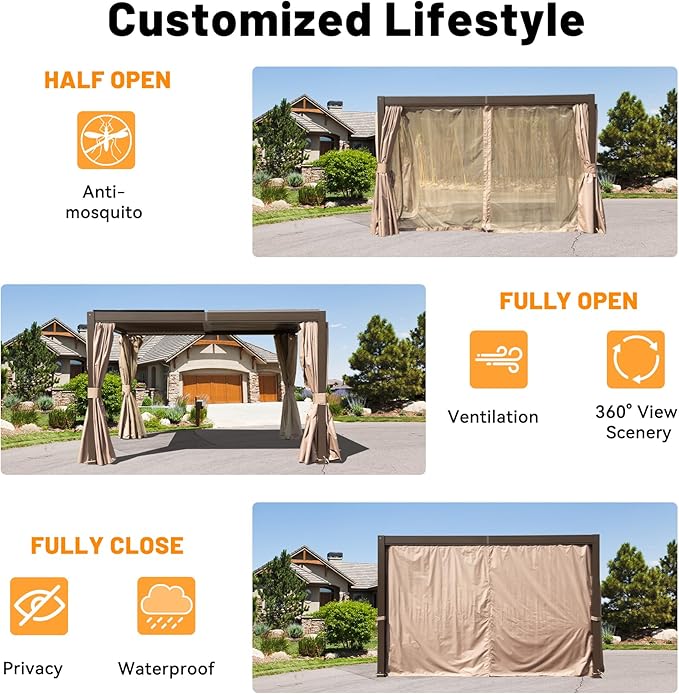 Louvered Pergola 10 x 12 FT, Aluminum Outdoor Pergola with Independent Adjustable Rainproof Top, Built-in Gutter System, Hardtop Patio Metal Pergolas for Deck Garden Backyard -Brown