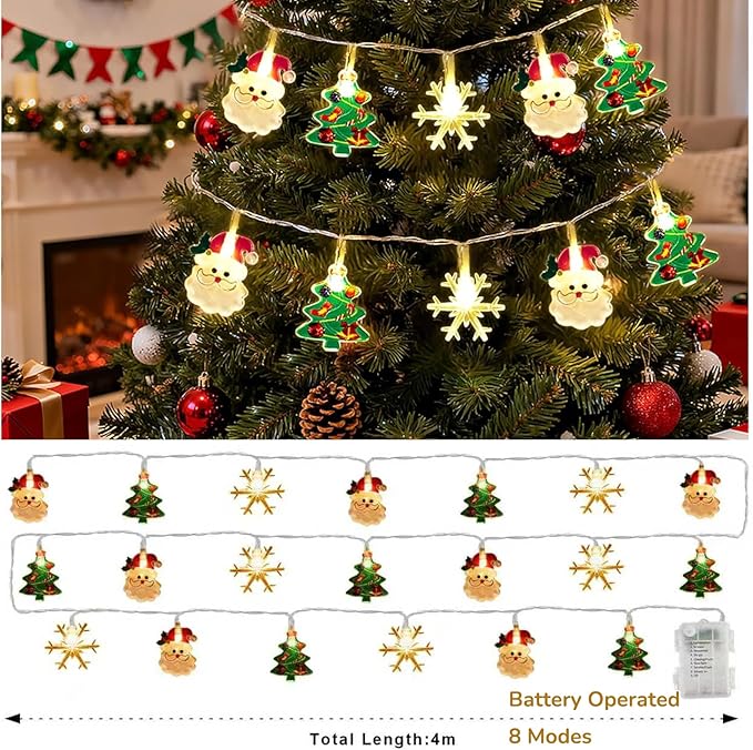 13ft 20 LED Battery Operated Christmas Lights – Xmas Tree, Snowman, Snowflake Twinkling LED String Lights, Waterproof Atmosphere Light for Indoor Outdoor Christmas Decorations, Xmas Home Decor