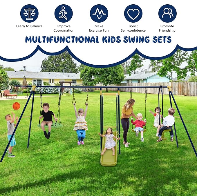 Costzon 660 lbs Swing Sets for Backyard, 7-in-1 Heavy Duty Extra Large Metal Swing Frame w/2 Swings, Glider, Gym Rings, Slide, Monkey Bar, Basketball Hoop, Play Equipment for Indoor Outdoor