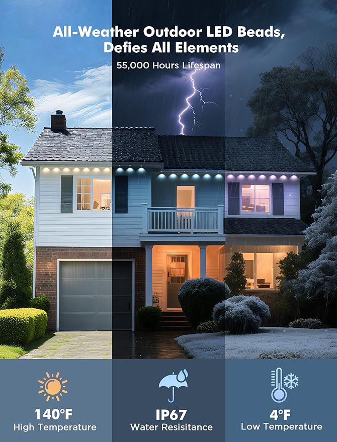 FNY Permanent Outdoor Lights 50ft Smart RGB with 30 LED, IP67 Waterproof for Outdoor Decor, App/Remote Control Eaves Lights Compatible with Alexa, Google Assistant, DIY Scene Modes for Christmas