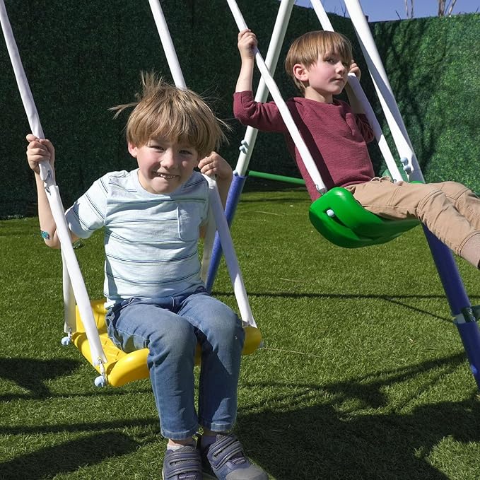 Sportspower Park Ridge Metal Swing Set for Kids Ages 3-8 – 2 Swings, Standing Swing, Roman Glider, Teeter Totter, 5ft Slide, 6.1' Durable Steel Frame, Anchor Kit, 800 lbs Capacity