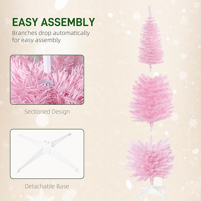 HOMCOM 6' Artificial Pencil Christmas Tree, Slim Xmas Tree with 390 Realistic Branch Tips and Plastic Stand, Pink
