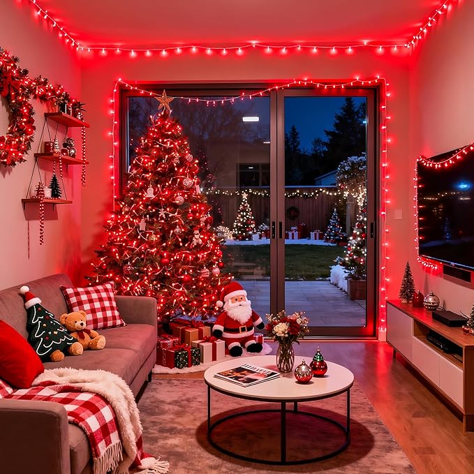 JMEXSUSS 500 LED Red Christmas Lights Indoor Outdoor, 163 FT Clear Wire Red Lights Plug in, 8 Modes Christmas Tree Lights Outdoor Waterproof for Xmas Tree Bedroom Room Halloween