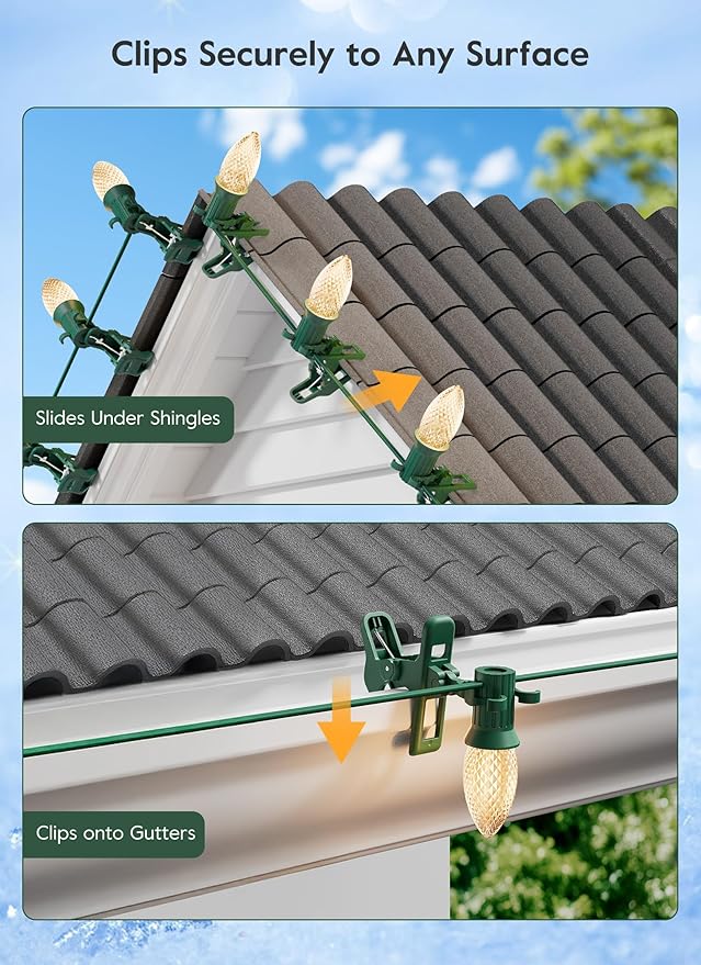 C7 C9 Large Christmas Light Clips – Universal Gutter & Shingle Clips for E12/E17 Base, Mini & Icicle Lights – Outdoor Spring Clips for Roof, Fence, String Lights Decorations – 100 Pack