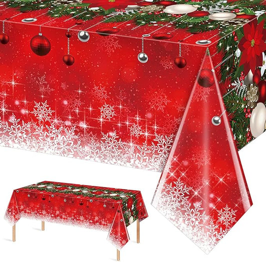 Jectivs 1Pieces Merry Christmas Tablecloth Plastic Christmas Tree Ball Table Cover Rectangle Winter Snowflake Tablecloth for Merry Christmas Holiday New Year Eve Party Decorations Supplies,54x108inch