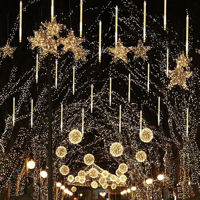 24 Tubes Meteor Shower Lights, Outdoor Icicles Christmas Decor, 12 Inch 864 LED Snow Falling Connectable Raindrop Lights, Xmas Wedding Party Tree Holiday Decoration, Warm White