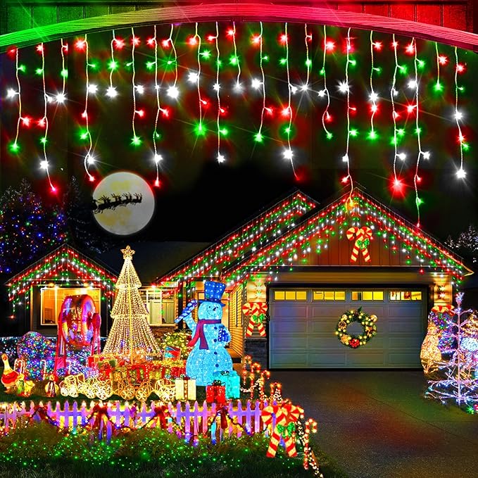 Christmas Lights Outdoor, 164FT 1600 LED Ice Lights for Outside, 320 Drops Ice String Lights with 8 Modes, Waterproof Timer & Memory for Yard, Garden, Eaves, Patio, Party (Red Green and Cool White)