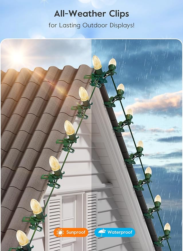 C7 C9 Large Christmas Light Clips – Universal Gutter & Shingle Clips for E12/E17 Base, Mini & Icicle Lights – Outdoor Spring Clips for Roof, Fence, String Lights Decorations – 150 Pack