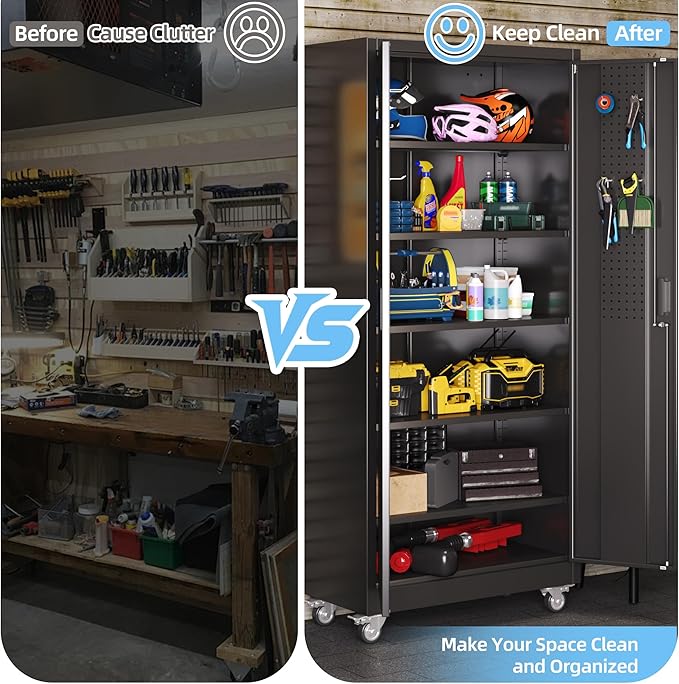 Aobabo Upgrade 71H''*32''W*16''D Metal Garage Storage Cabinet with Wheels and Pegboards, 5 Adjustable Shelves Steel Storage Cabinets for Home,Warehouse,Garage,Assembly Required,Black