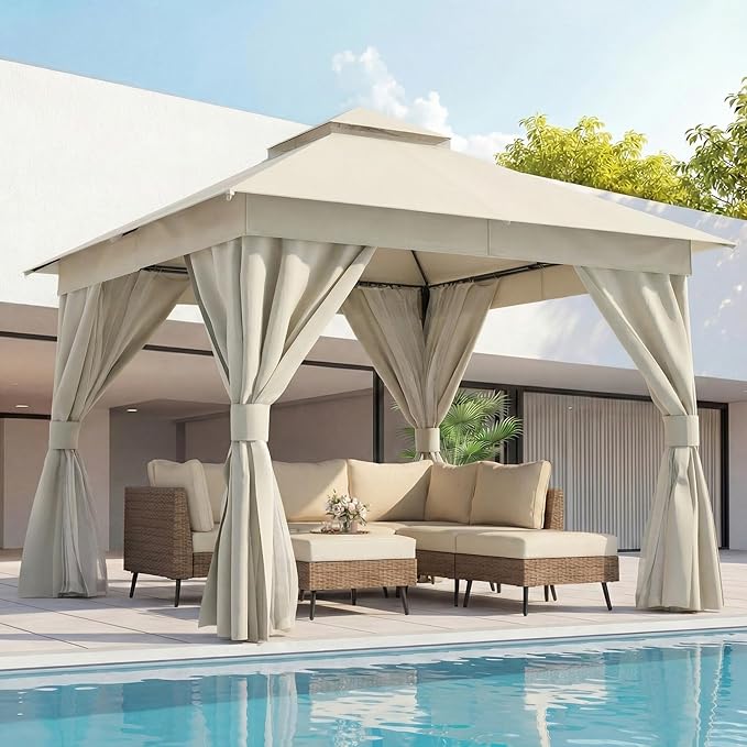LAUSAINT HOME 10x10ft Outdoor Patio Gazebo with Double Roof, Heavy Duty Waterproof Gazebo Canopy Tent with Mosquito Netting for Backyard, Garden, Lawn & Wedding, Cream White