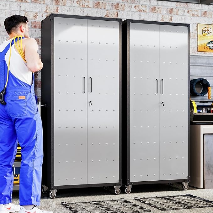 Garage Metal Storage Cabinet,71 Rolling Tool Cabinet with Pegboard and 3 Adjustable Shelves,Heavy-Duty Shelving Unit with Lockable Doors for Garage,Workshop,Home & Office Organization