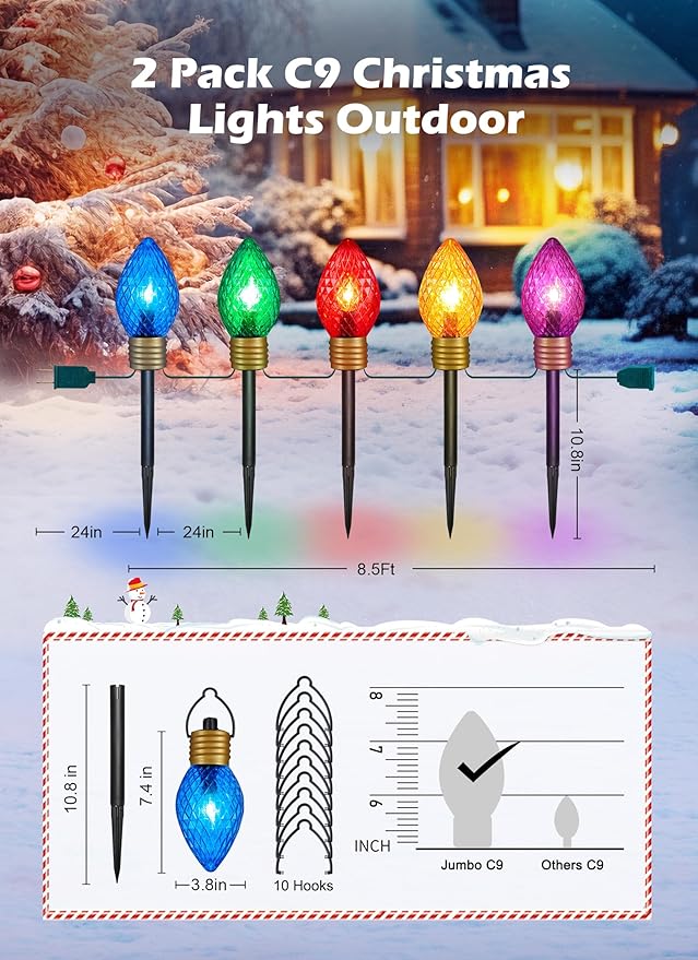2 Pack Jumbo C9 Christmas Pathway Lights Outdoor - 10.5 Feet 5 Lights Strawberry C9 Walkway Lights, C7 Light Covered Jumbo Multicolor Light Bulb Outdoor Decorations for Lawn Garden Outside