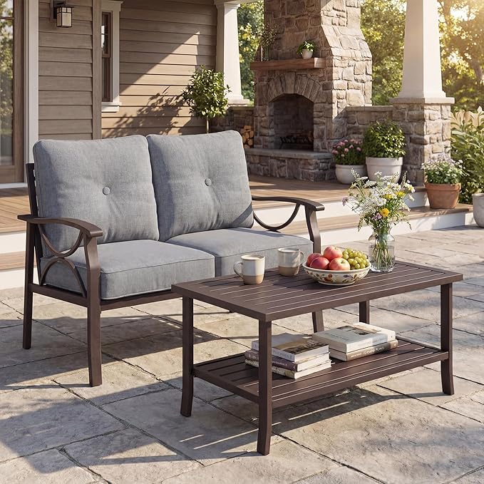 2-Pieces Outdoor Patio Furniture Set, Outdoor Metal Sectional Furniture with Cushions, Outdoor Conversation Set with Coffee Table for Deck, Backyard, Garden, Balcony, Grey