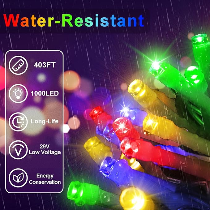 403 FT 1000 LED Christmas Lights Outdoor Fairy Lights Plug In Extra Long String Lights Clear Wire Waterproof 8 Modes Timer for Outside House Tree Garden Yard Wedding Party Decorations-Multicolored