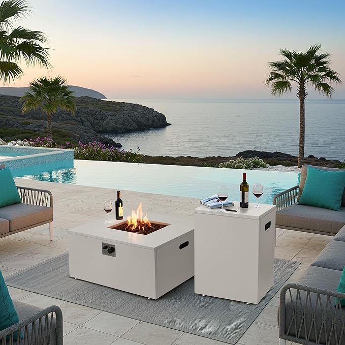ECOTOUGE 2 Piece 32 Square Propane Fire Pit Table wirh Tank Holder, 50,000 BTU Outdoor Gas Fire Pit with Lid, Steel Fireplace w/Weather Cover, Lava Rocks for Patio, CSA Certified, White