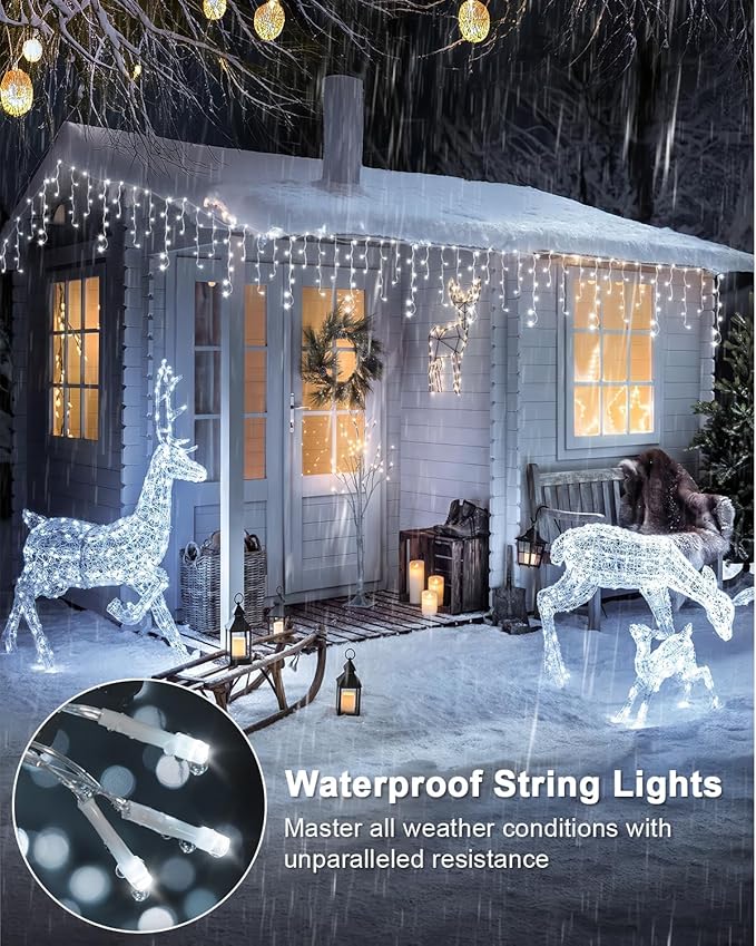 Cool White Christmas Lights Outdoor,2 Pack 53FT 486 LED Plug in Waterproof Christmas Lights for Outside, Timer & Memory, 8 Modes Hanging Fairy Light for Wedding Decorations House Eaves Yard Patio