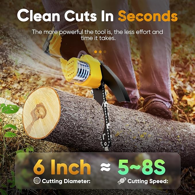 Chainsaw 6-Inch 2 Pack 2000mAh Battery Hand Mini Chain Saw Birthday Christmas Gifts for Men Portable Cordless for Wood Cutting Tree Trimming Projects Gardening Tools (Yellow)