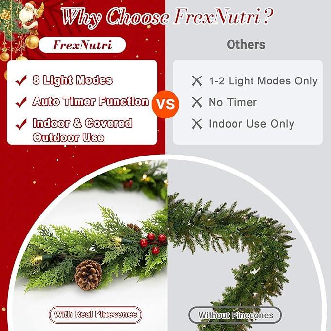 6.5FT Christmas Garland, Premium Rattan Garland with 30 LED Lights & Upgraded Battery Box, 4 Real Pinecones, 4 Berry Clusters, Indoor/Outdoor Christmas Decorations for Table, Mantle, Fireplace, Door