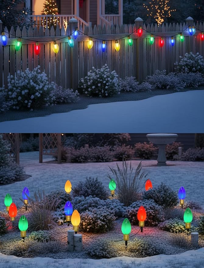 Christmas Lights Jumbo C9 Outdoor Lawn Decorations with Pathway Marker Stakes, 2 Pack 7 Feet String Lights with Multi Color Giant Lighted Bulbs for Holiday Outside Yard Garden Decor, 8 Lights