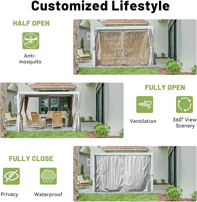 Louvered Pergola 10 x 12 FT, Aluminum Outdoor Pergola with Independent Adjustable Rainproof Top, Built-in Gutter System, Hardtop Patio Metal Pergolas for Deck Garden Backyard -White
