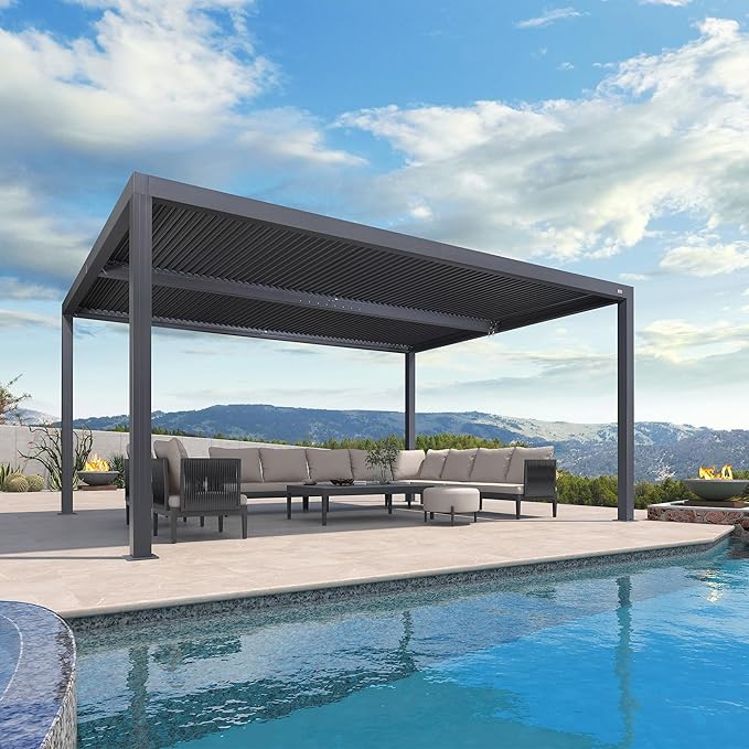 PURPLE LEAF LED Louvered Pergola 94AS 12'x 16' Full Aluminum Frame and Adjustable Roof Integrated Strip Lights for Outdoor Deck Garden Patio Gray Hardtop Gazebo Pergola