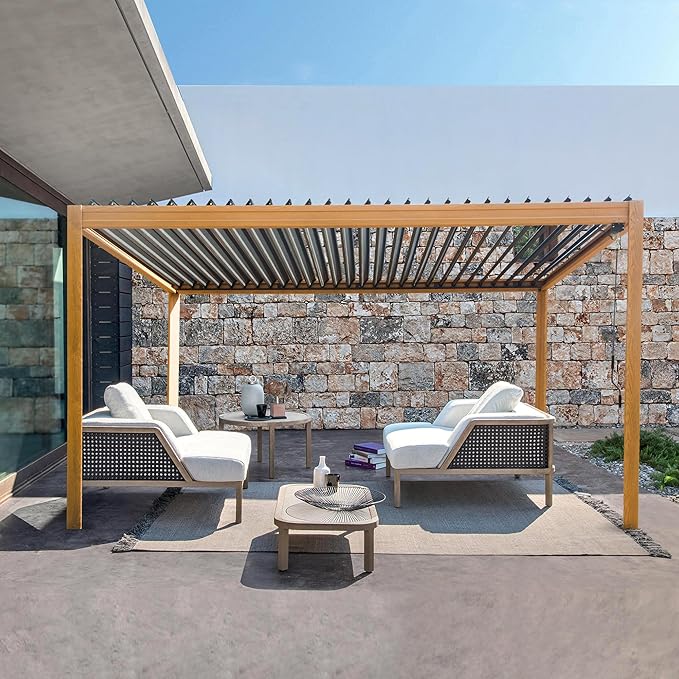 10’ x 13’ Louvered Pergola, Outdoor Pergola Aluminum Frame with Adjustable Rainproof Metal Roof, Permanent Sun Shade with Drainage System for Backyard, Garden and Lawn (Wooden Grain)