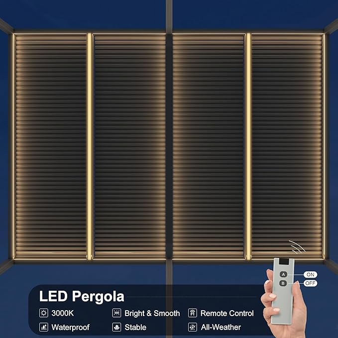 PURPLE LEAF LED Louvered Pergola 94AS 12'x 20' Full Aluminum Frame and Adjustable Roof Integrated Strip Lights for Outdoor Deck Garden Patio Gray Hardtop Gazebo Pergola