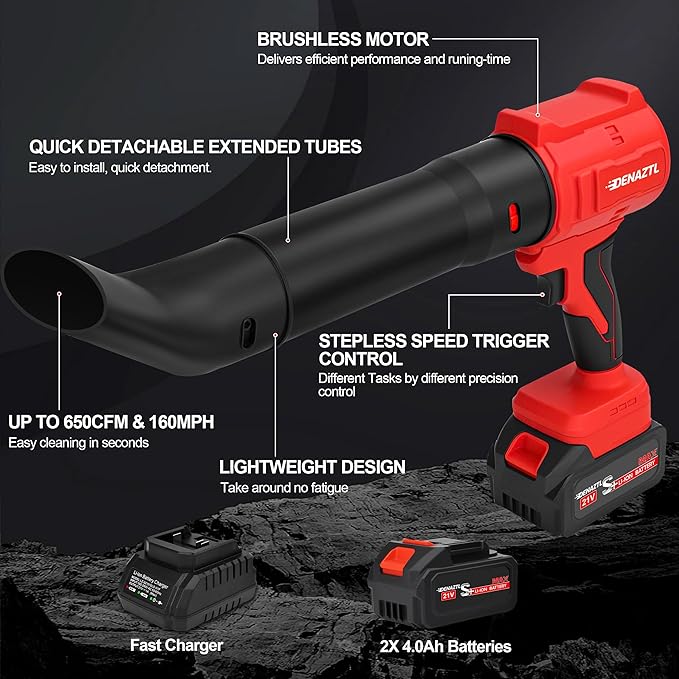 Electric Handheld Leaf Blower Cordless with 2X 4.0Ah Batteries and Charger, 650CFM 160MPH, 2 Extended Nozzles, Portable Mini Lightweight for Seniors Gift, Yard,Patio,Gutter,Lawn Care, Garden Tool