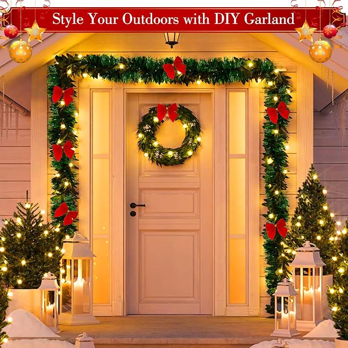 72Feet Christmas Garland, with 36 Red Velvet Bows and 24 Decorative Balls, Non-Lit Greenery Christmas Decoration for Xmas Tree Wreath, Indoor Outdoor Home Mantle Wedding Party