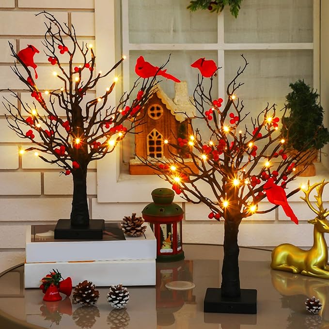 Realspring 2 Pcs Vintage Glowing Tree with Cardinals Lighted Mini Birch Tree 24 LED Cardinal Little Red Bird Table Decoration for Tabletop Centerpiece Xmas Indoor Home Decor, Operated by Battery