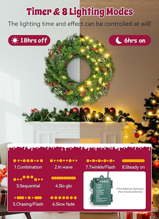 Brightown 24 Inch Pre-Lit Artificial Christmas Wreaths for Front Door, Battery Operated Christmas Wreath with 50 LED Lights, Lighted Wreath for Front Door Wall Window