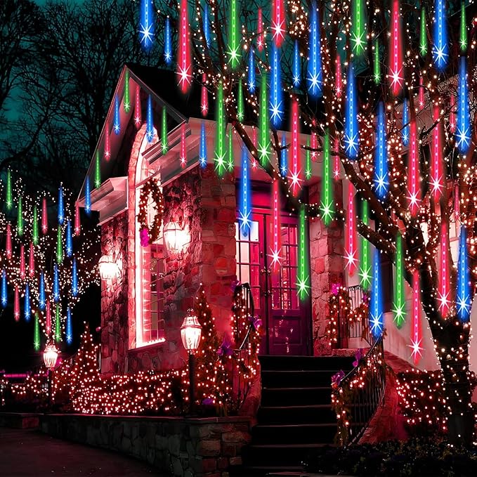 Christmas Lights Outdoor UL Certified 24 Tubes 576 LEDs (Equivalent to 3 Sets of 8 Tubes) Meteor Shower Light Falling Rain Drop Icicle Lights for Christmas Decorations Decor, Multicolor