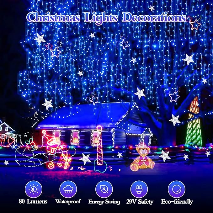 98FT 960 LED Christmas Lights, Waterproof 8 Modes Ice Lights for Outside with Memory and Timer Hanging Fairy Lights Plug-in Curtain String Lights for Holiday Party Wedding Home (Blue)