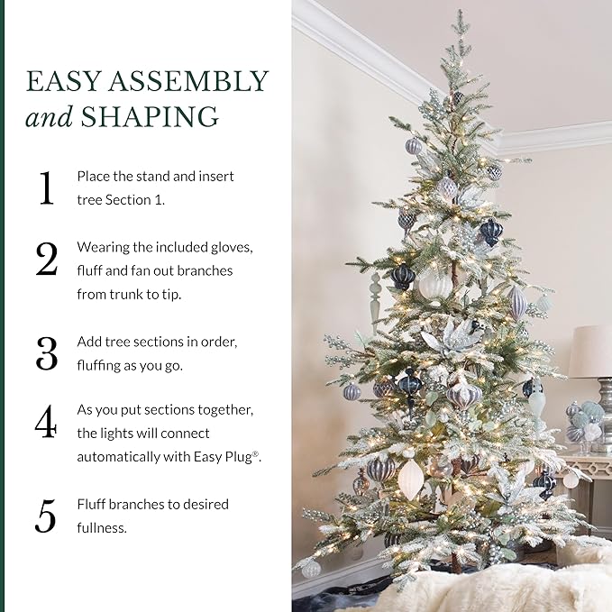 Balsam Hill Frosted Alpine Balsam Fir - Snow-Kissed Artificial Christmas Tree with Pre-Fluffed Memory Wire Branches and LED Clear Fairy Lights, 7.5'