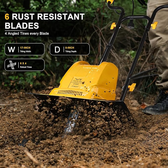 Garden Rototiller 17-Inch 15-Amp Corded Electric Tiller/Cultivator, Adjustable Wheels, 8-Inch Tilling Depth Tiller