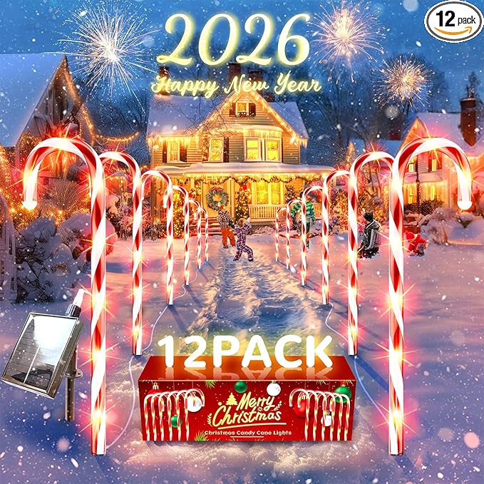 Anordsem Solar Christmas Decorations Outdoor: 12 Pack Candy Cane Pathway Stake Lights - 21" Waterproof LED 8 Lighting Models Yard Garden DIY Decor - 2026 Xmas Gifts for Homeowners