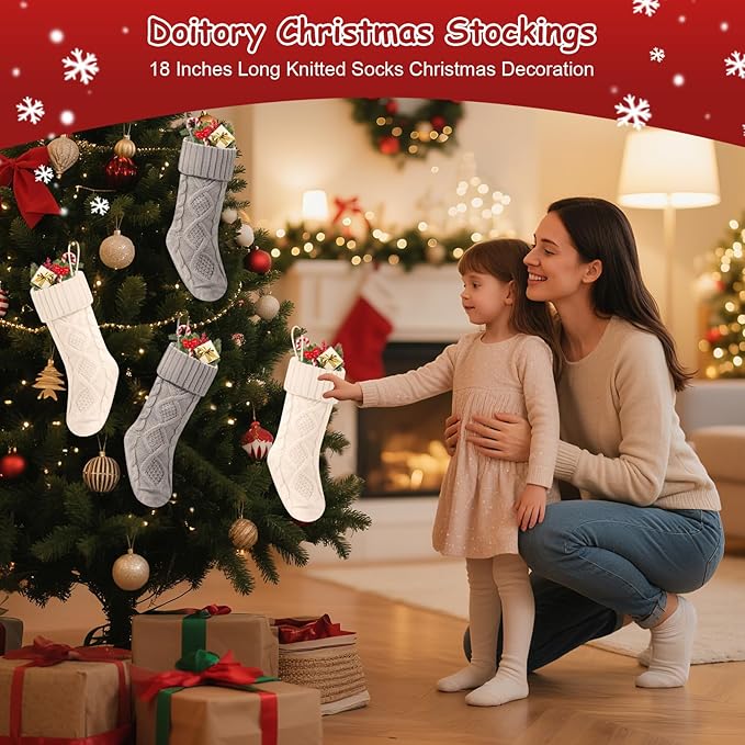 Christmas Stockings 18 Inches,Long Knitted Socks Christmas Decoration Hanging Stocking Fireplace Xmas Tree Stocking for Home Family（2white+2gray）